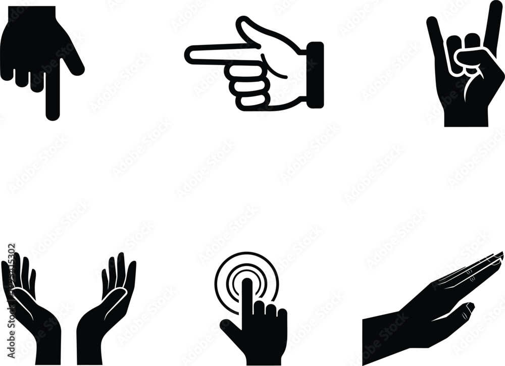 Obraz premium Black silhouettes of human hands making gestures on white background