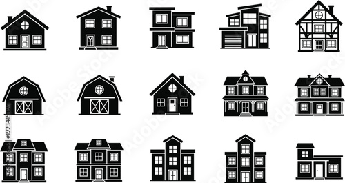 Black house icon set, residential home silhouettes, real estate symbols, architecture collection, building facades, isolated vector illustration on white background