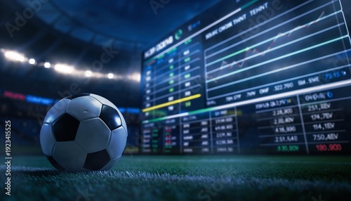 Soccer ball on a grassy field in a stadium at night with glowing sports betting statistics displayed on a large screen.