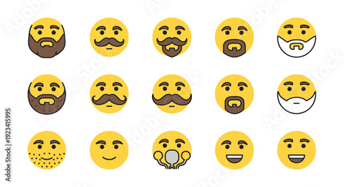 A grid of 15 yellow emoji faces showing various styles of facial hair and expressions