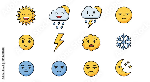 A 3x4 grid of weather and emotionthemed vector icons with yellow blue and gray outlines