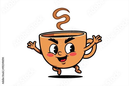 Excited, dancing cartoon coffee cup with steam, radiating warmth and energy.