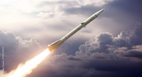 A long, slender rocket launching into a cloudy sky with a bright fiery exhaust, symbolizing progress and exploration.