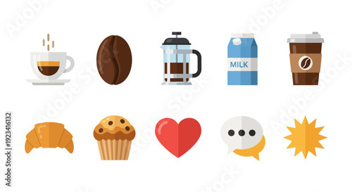 Row of ten flatdesign icons featuring coffee baked goods and symbols