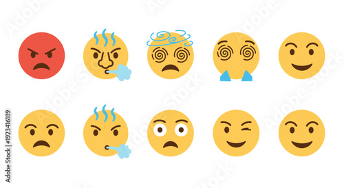 Ten flatdesign emojis arranged in two rows on a white background