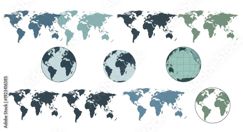 Collection of World Maps and Globes in Various Shades of Blue and Green.