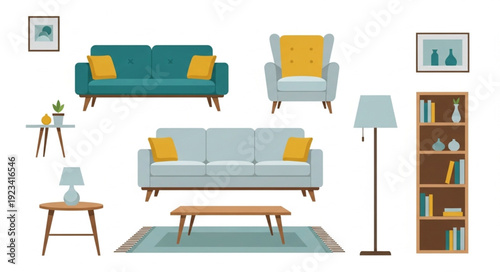 Modern Living Room Furniture Collection Isolated on White Background.