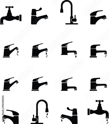 This black faucet icon set features a clean representing a standard water tap used in kitchens, bathrooms, and industrial plumbing systems. Designed in black with smooth curves and balanced proportion