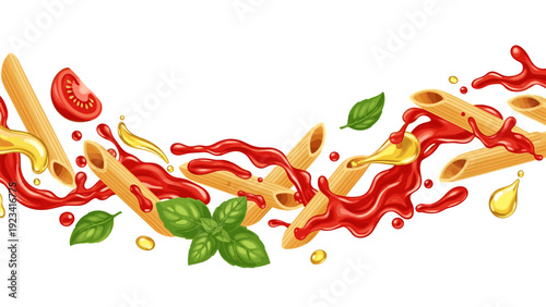 Pasta ingredients in motion, with sauce, herbs, and cheese swirling together in a dynamic illustration from a direct viewpoint