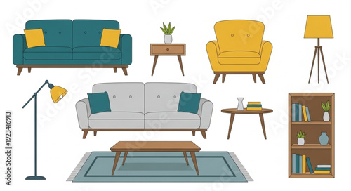 Collection of modern furniture and home decor items.