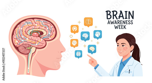 Illustration of people in lab coats examining brain scans with a large brain and Brain Awareness Week text on a white background with a scientific and educational mood.