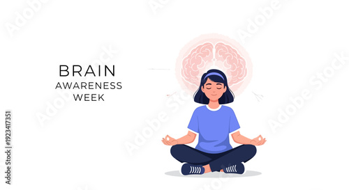 Illustration of people in lab coats examining brain scans with a large brain and Brain Awareness Week text on a white background with a scientific and educational mood.