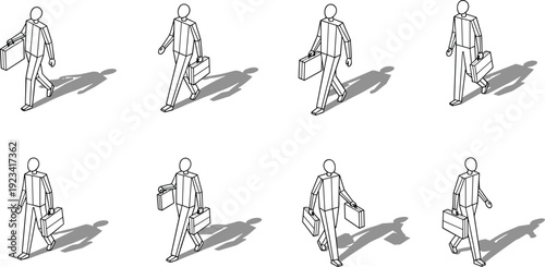 Businessman walking with briefcase line art set, multiple walking poses and angles, professional people outline illustration for design use