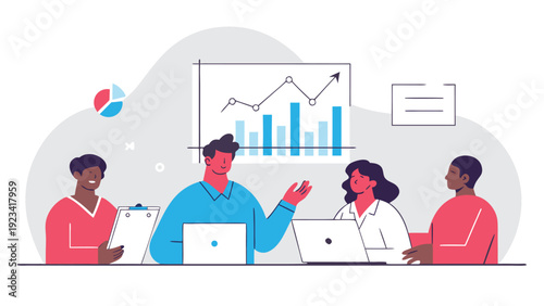 Four business people discuss financial charts and data displayed on a screen.