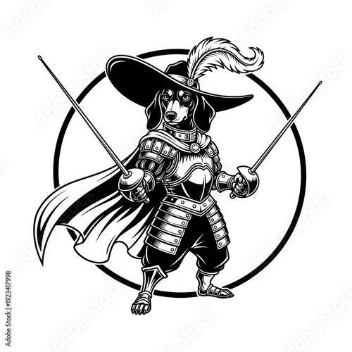 Dachshund Musketeer Vector Illustration, Anthropomorphic Doxie Dog in Knight Armor with Swords and Feathered Hat, Black and White Pet Mascot Logo