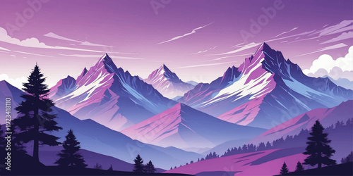 Sunrise and sunset panorama of a winter mountain landscape featuring snow covered peaks and a misty forest valley under a glowing sky at dawn