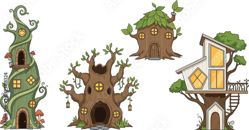 Fantasy tree houses illustration with fairytale design, magical forest homes, whimsical architecture, creative nature cottages, cartoon vector art style