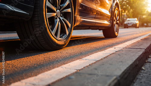 Low angle close up of a car wheel on the road during golden hour. Warm sunset light hitting the vehicle tire and asphalt street.