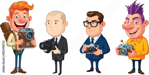 One word (15): photographer, camera, cartoon, vintage, modern, photo, photography, lens, character, funny, illustration, man, smile, equipment, vector