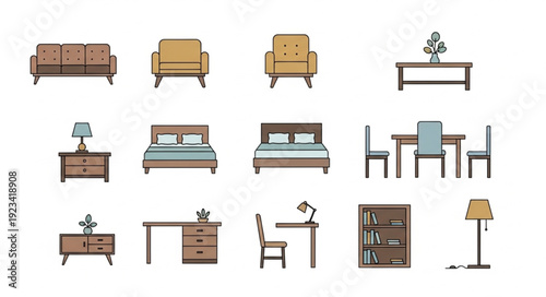 Collection of cartoon furniture icons for interior design.