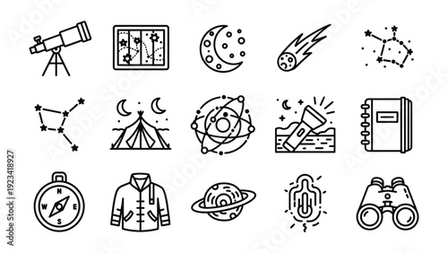 Cosmic Collection: A set of detailed line art icons, each portraying elements of the cosmos, from telescopes to celestial bodies, to enhance any project