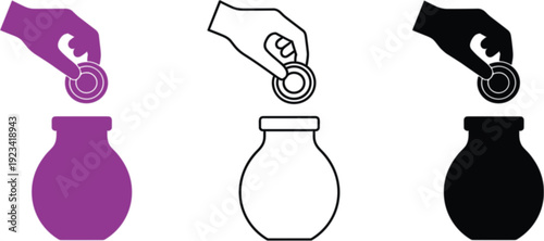 Hand putting coin in jar icons on white background savings.
