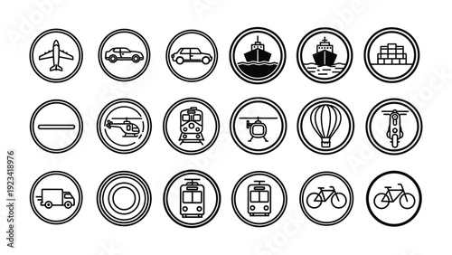 Icons of Modern Travel: A comprehensive collection of transportation icons, illustrating various modes of travel and cargo, ideal for design projects related to mobility.
