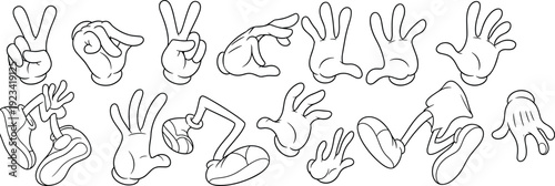 Cartoon hand gestures set, expressive hands poses collection, comic style illustration, human gestures symbols, isolated black line vector