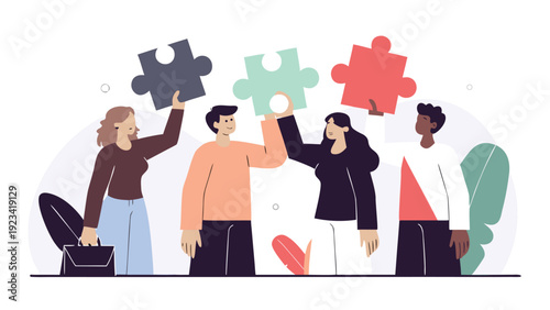 Four diverse people hold colorful puzzle pieces, collaborating on a business project.