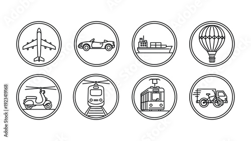 Transportation Icon Collection: A set of eight distinct transportation icons, each representing a different mode of transport, carefully arranged within circular frames. perfect for design