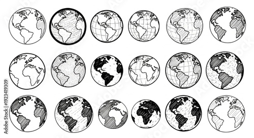 Collection of Hand Drawn Earth Globes Showing Continents and Oceans.