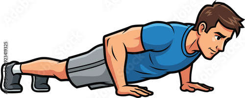 Illustration of strong athletic man doing push ups exercise in sportswear, fitness training workout, gym activity, healthy lifestyle vector design.