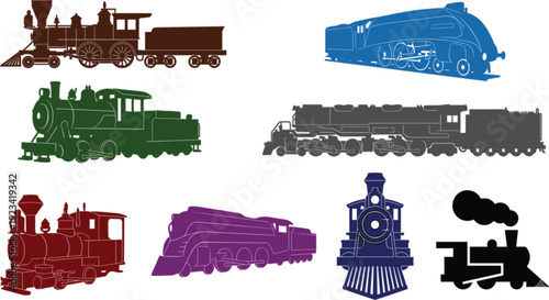 This image is a collection of eight stylized, silhouetted images of trains, each rendered in a distinct color and presented on a plain white background.