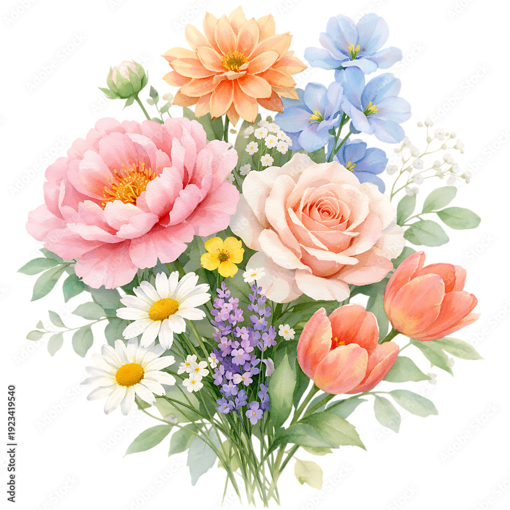 Fototapeta premium Elegant watercolor floral bouquet illustration with pink peony, rose, cosmos and spring wildflowers. Botanical design element isolated for wedding invitations and greeting cards.