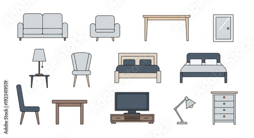 Collection of modern furniture items for home interior design.