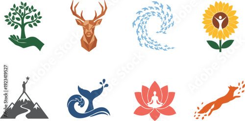 The image displays a collection of eight distinct icons arranged in two rows of four.