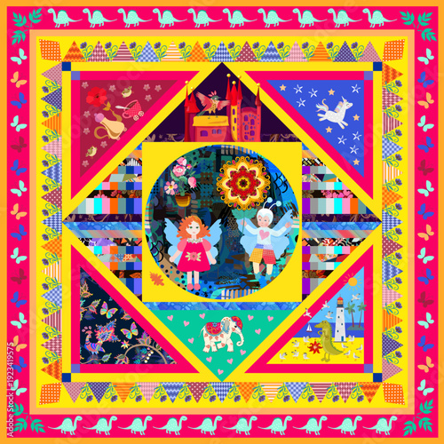 Beautiful patchwork pattern for baby blanket. Twins little boy and girl in butterfly costumes. Сute animals on bright background. Print for carpet, pillows, napkins.