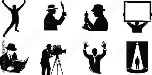 The image is a collection of eight black silhouette illustrations against a stark white background.