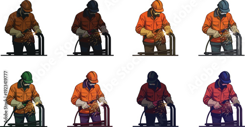 Industrial worker welding metal with sparks, safety helmet and protective uniform, vector illustration of welder working construction manufacturing scene.