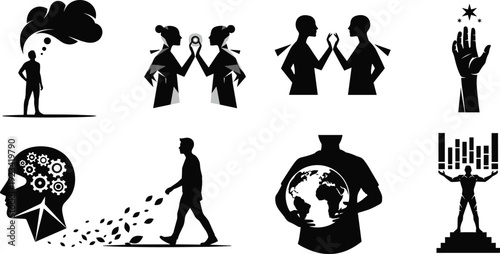 This image is a collection of eight black and white silhouette icons arranged in a two-by-four grid on a white background.