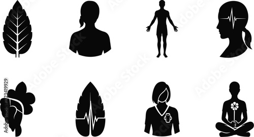The image displays a collection of eight black silhouette icons arranged in a two-by-four grid on a white background.
