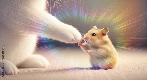Friendly cat and hamster interaction with rainbow light effects on floor