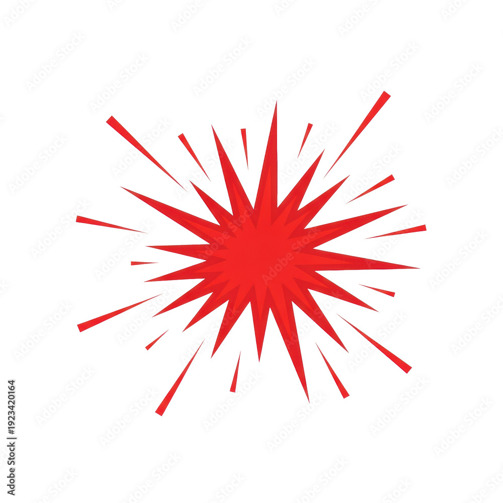 Obraz premium A vibrant red, spiky starburst vector graphic illustrating an explosive sound effect, centered against a transparent background with ample copy space. concept of graphic energy impact