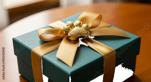 Beautifully wrapped green gift box with gold ribbon and bow on wooden table for special occasions