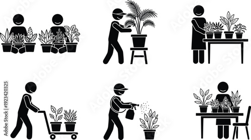 Black vector silhouette set of people caring for plants including gardening tasks like watering spraying moving pots and arranging indoor greenery on tables.