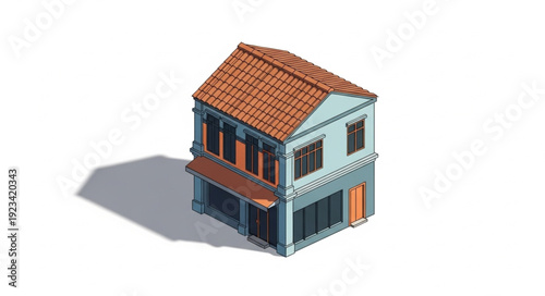 Detailed architectural model of a traditional two-story building with a tiled roof and awning.