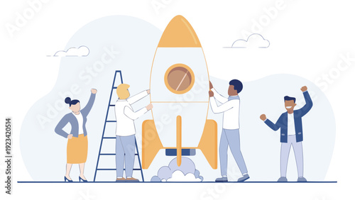 Four business people assemble and prepare a large rocket for a startup launch.