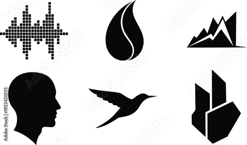 Diverse Symbol Silhouettes Sound Wave, Flame, Mountains, Head Profile, Hummingbird, and Abstract Geometry Icons