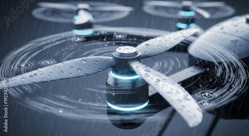 Drone in the Rain with Water Droplets on Propellers and Body