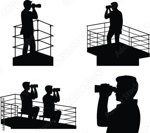 Silhouettes of men using binoculars on observation deck, black vector illustration set isolated on white background for surveillance and exploration themes